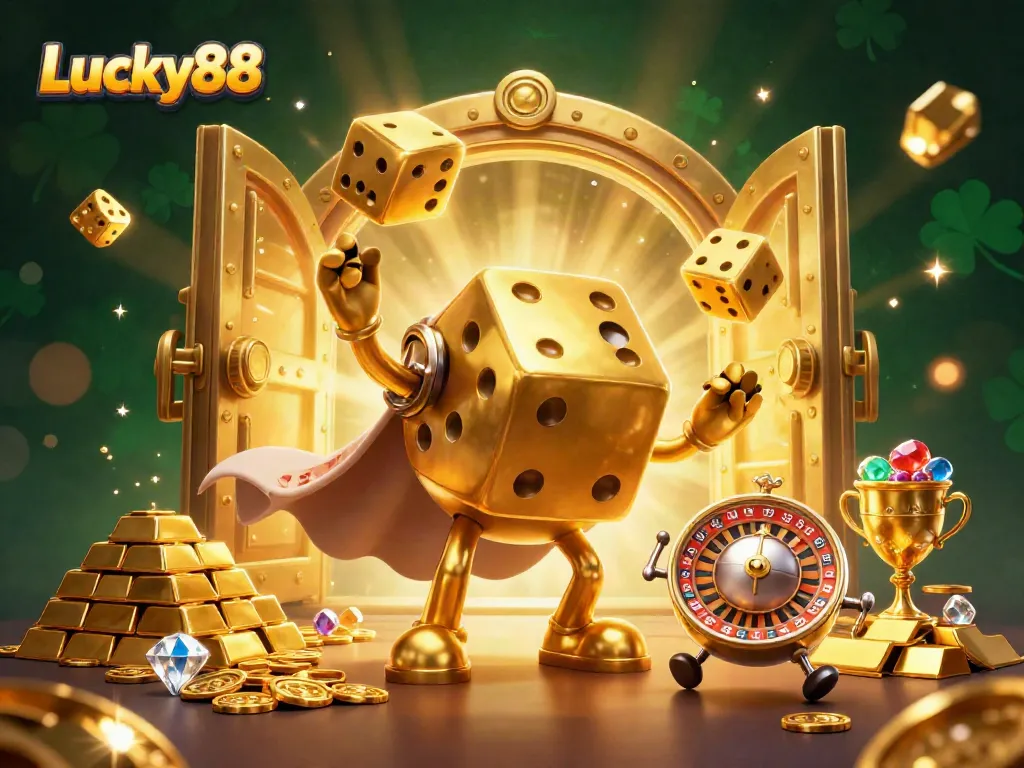 Experience the thrilling world of Lucky88 with golden dice and jewels illuminating every corner.