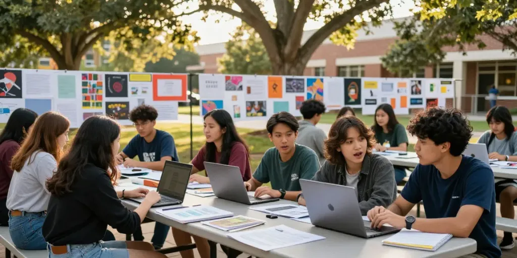 Students collaborating creatively on projects outdoors at SUPER33 resmi campus.