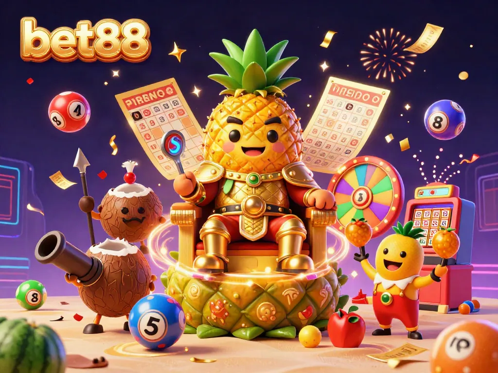 Engage with bet88 at an exciting beach casino surrounded by vibrant lottery elements and festive visuals.
