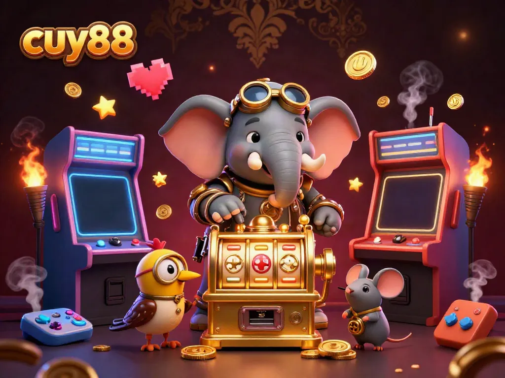 Experience the excitement of cuy88 with a dynamic 3D illustration of a steampunk elephant operating a golden slot machine.