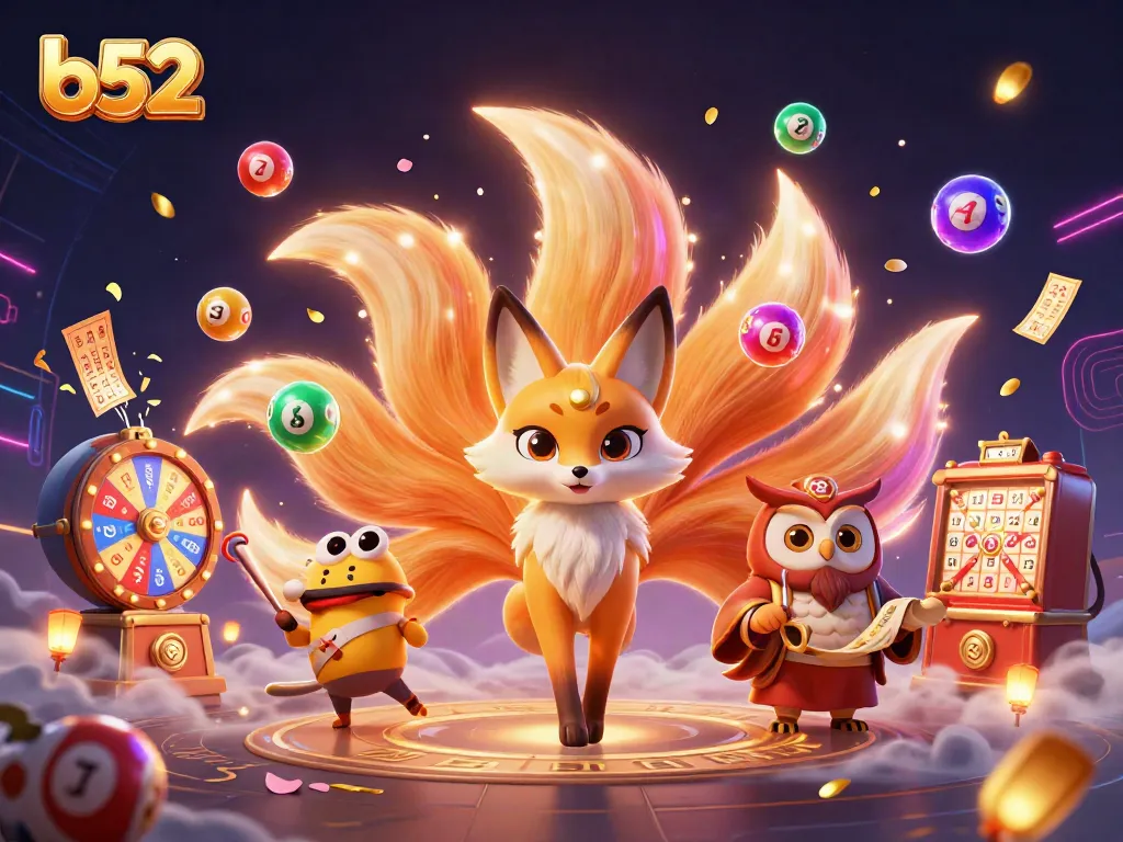 Engage in exciting b52 gaming with vibrant elements like lottery balls and a mystical fox spirit.