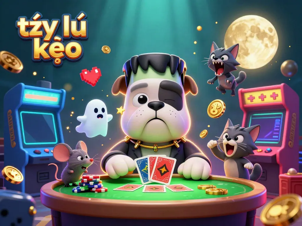 Engaging with tỷ lệ kèo at a spooky casino table surrounded by vibrant elements in a thrilling 3D scene.