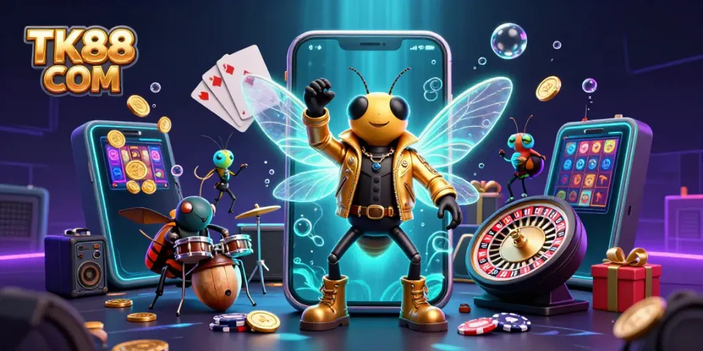 Experience the excitement of TK88 COM with a vibrant 3D casino illustration featuring a cicada rock star.