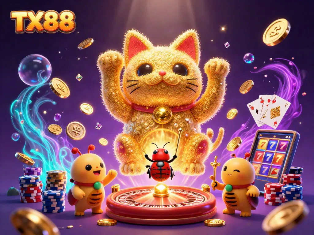 TX88 engages players with vibrant casino fun featuring lucky cat and sparkling symbols.