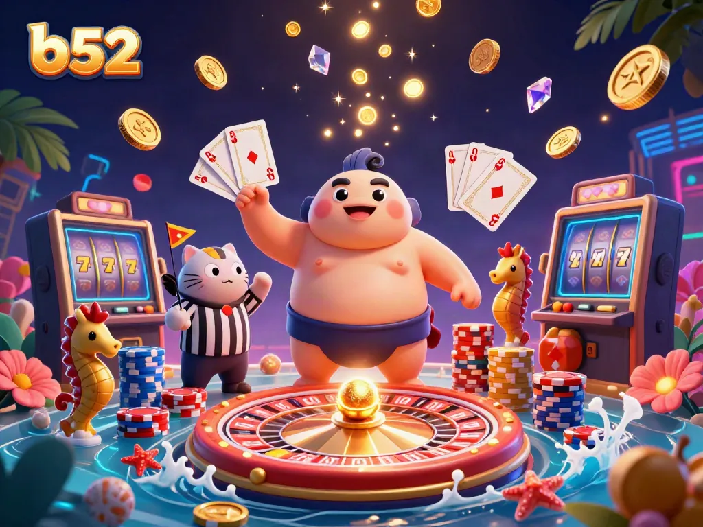 Engage in thrilling gameplay with b52's immersive casino experience featuring cartoon characters and vibrant elements.