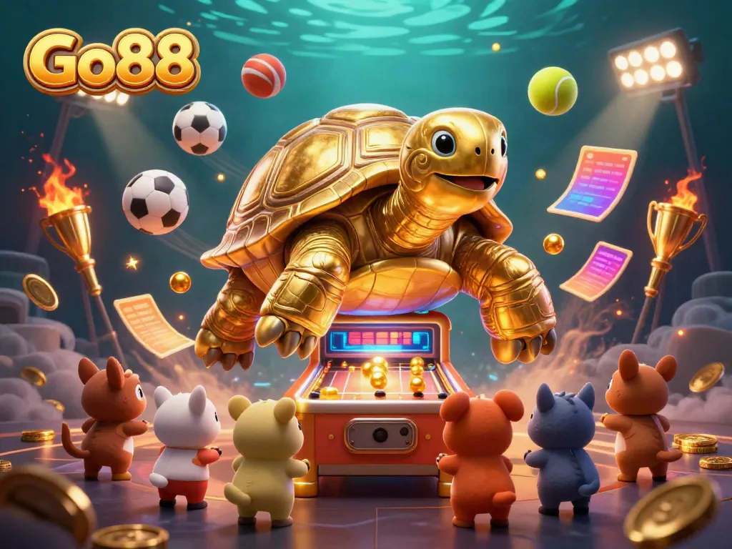 Engage in exciting gaming adventures with Go88, featuring a golden tortoise pinball machine and vibrant sports elements.
