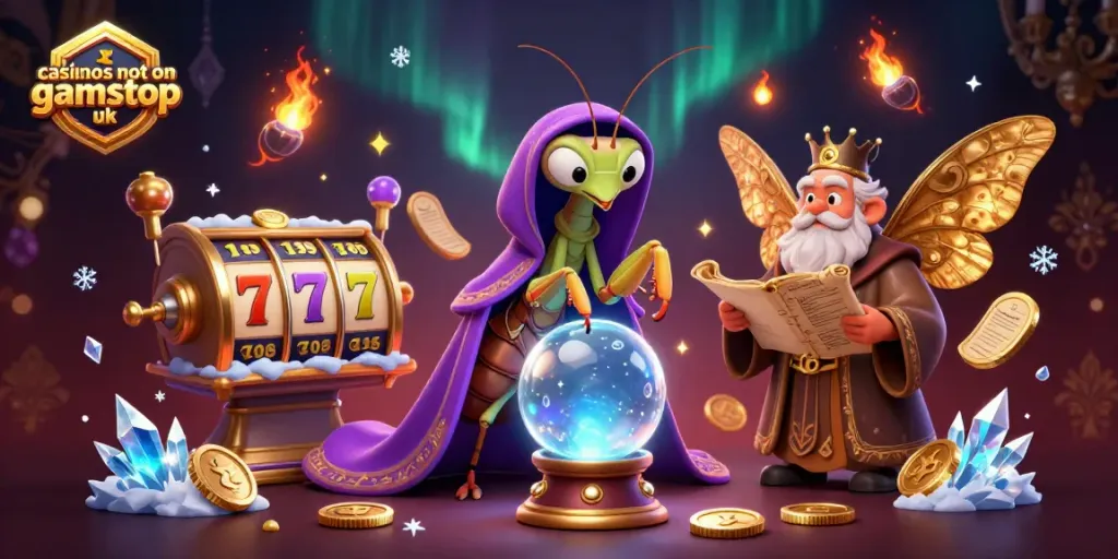 Experience a mystical scene with a praying mantis fortune teller and moth librarian amidst casinos not on gamstop uk-themed slot elements.