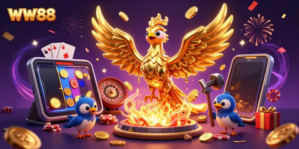 Experience thrilling gaming with WW88's golden phoenix and casino elements in a vibrant, festive scene.