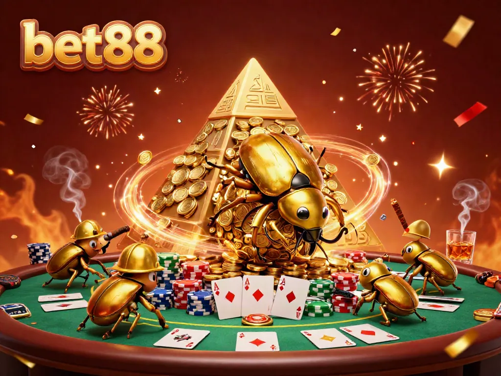 Experience the vibrant action of bet88 with golden beetles and casino elements in this festive scene.
