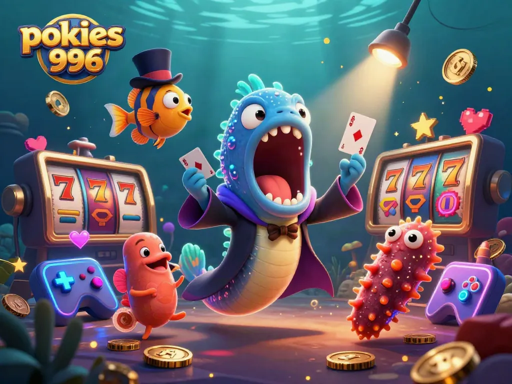 Engaging pokies996 scene with a magical deep-sea theme showcasing vibrant slots and charismatic characters.
