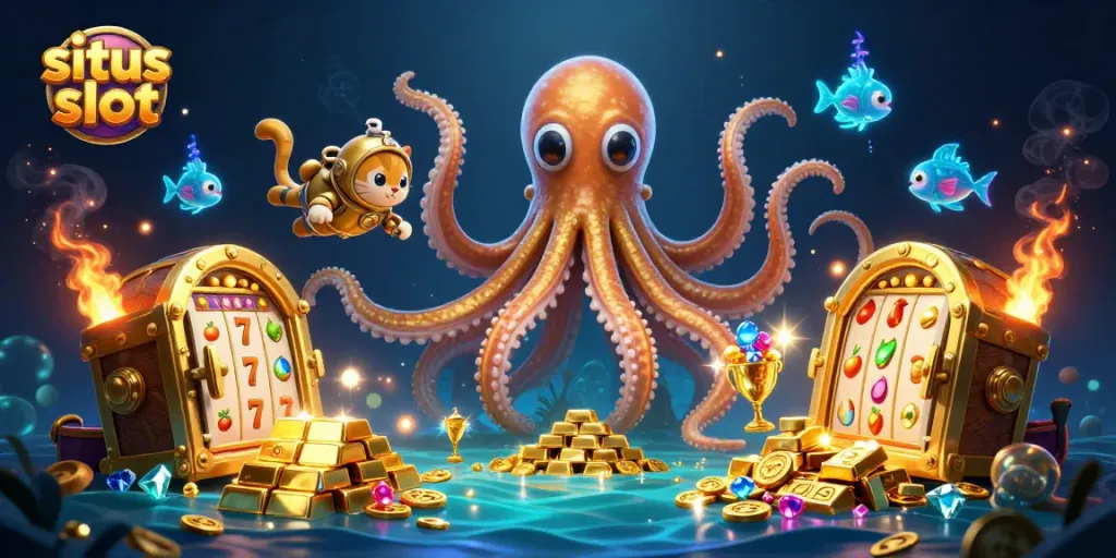 Engage with situs slot adventure featuring a cartoon kraken and diving cat amidst treasures.