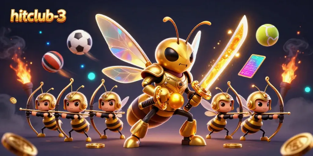 Engage in winning strategies with hitclub-3, featuring a giant hornet samurai and dynamic sports elements.
