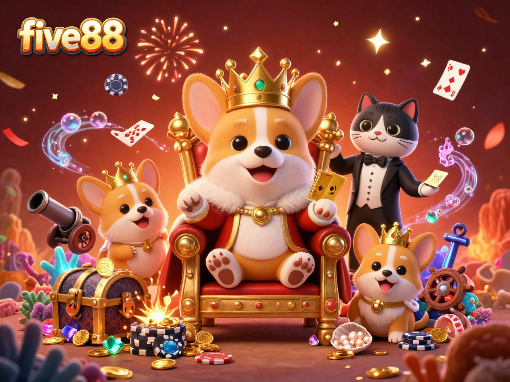 Experience the excitement of five88 with vibrant casino elements and a royal corgi throne scene.