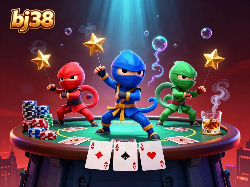 Experience dynamic poker action with bj38’s chameleon ninjas showcasing skills in a vibrant casino scene.