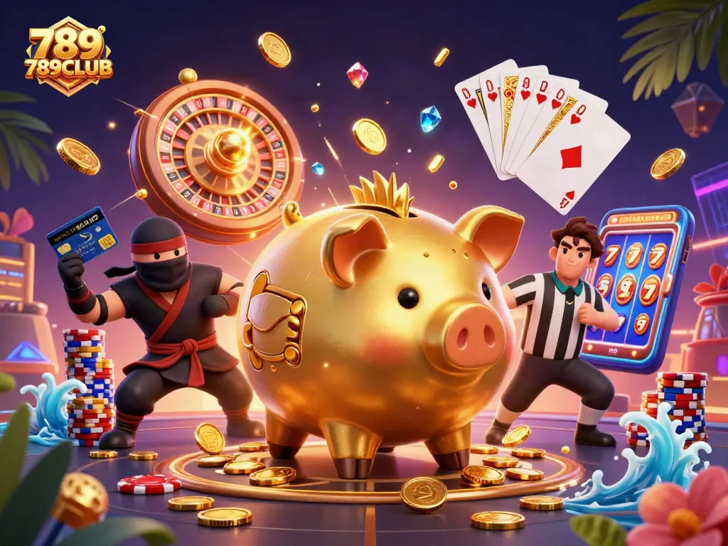 Engage with 789CLUB, featuring a dynamic casino scene of characters amidst cascading coins and casino elements.