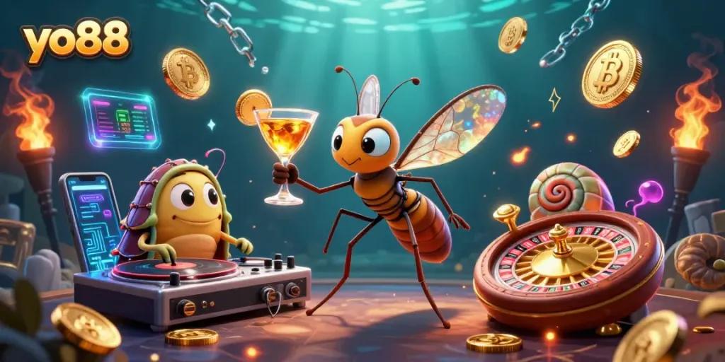 Experience thrilling gaming at yo88 with vibrant casino mascots amidst dynamic crypto elements.