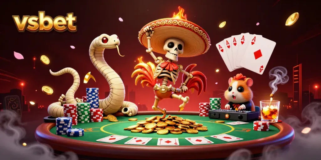 Experience the vibrant vsbet action as the mariachi rooster dances on gold coins, vibrant casino elements enriching the scene.