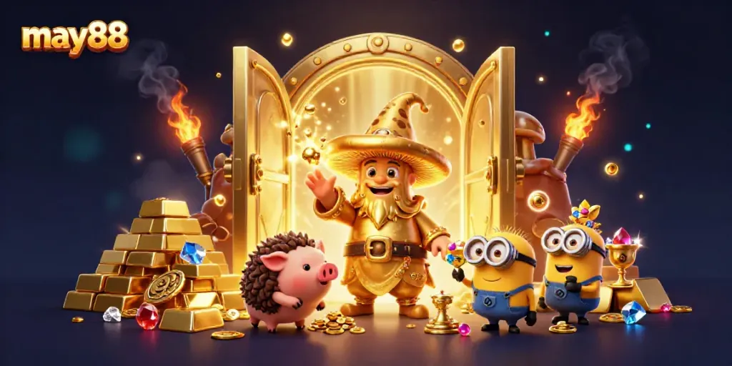 Experience thrilling success with may88 as a golden wizard unleashes treasures in a vibrant casino.