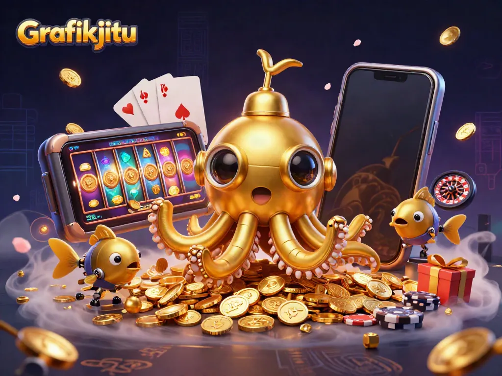 Grafikjitu engages players with a vibrant 3D scene of a kraken submarine amidst golden coins, highlighting dynamic gambling elements.