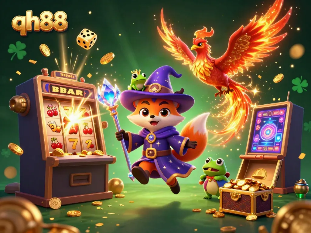 Spin the reels and win big with qh88 in this vibrant casino scene featuring mystical characters.