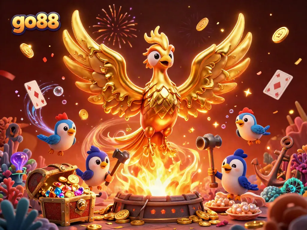 Experience go88's thrilling atmosphere with a molten golden phoenix amidst a rich casino scene.