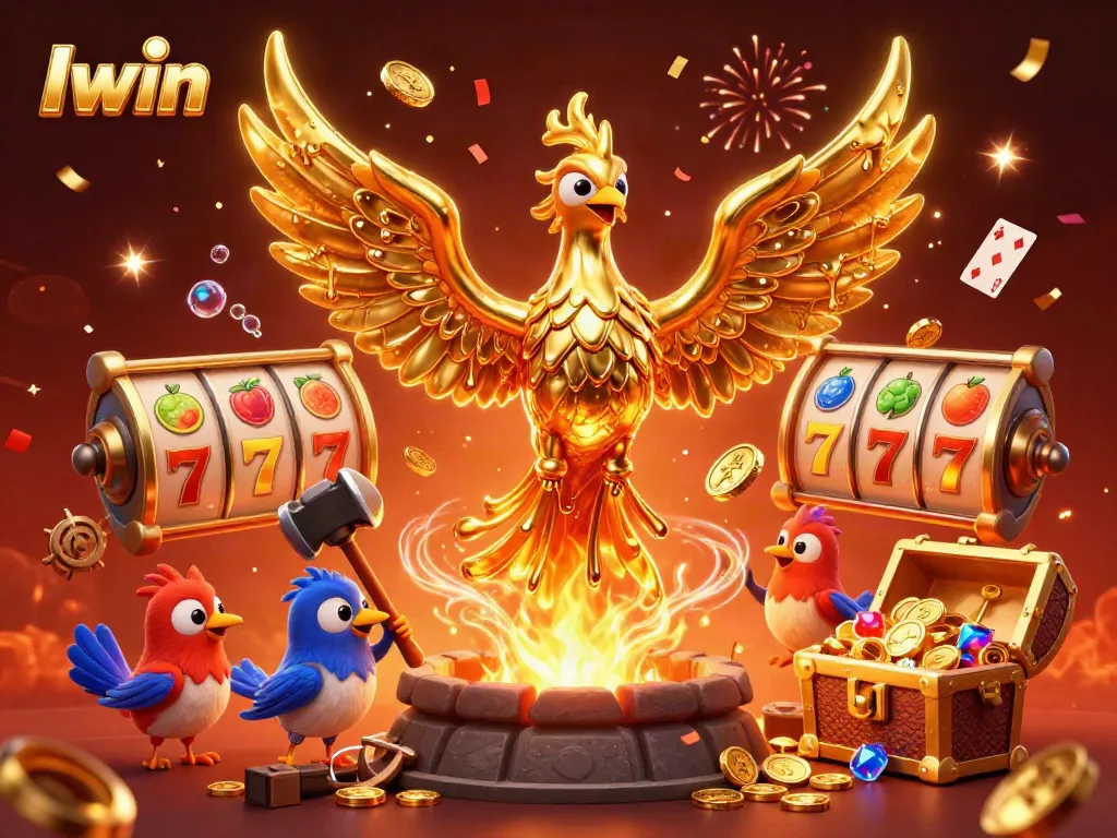 Iwin slots showcase a molten phoenix emerging from a fiery forge surrounded by vibrant casino elements.
