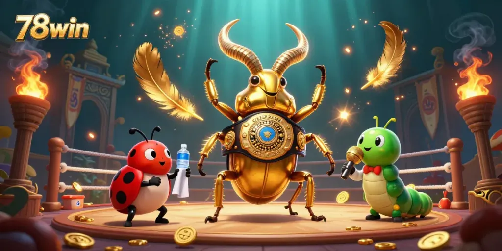 Experience thrilling 78win gameplay with a golden stag beetle champion and friends in an action-packed casino scene