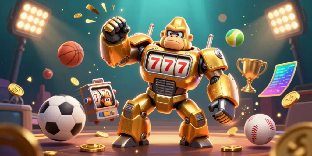 Experience thrilling e39 casino action with a 3D golden gorilla mech and dynamic sports elements.