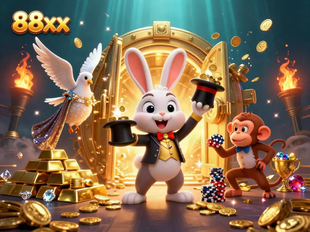Engaging scene of 88xx magician rabbit pulling gold coins, promoting casino gaming excitement.