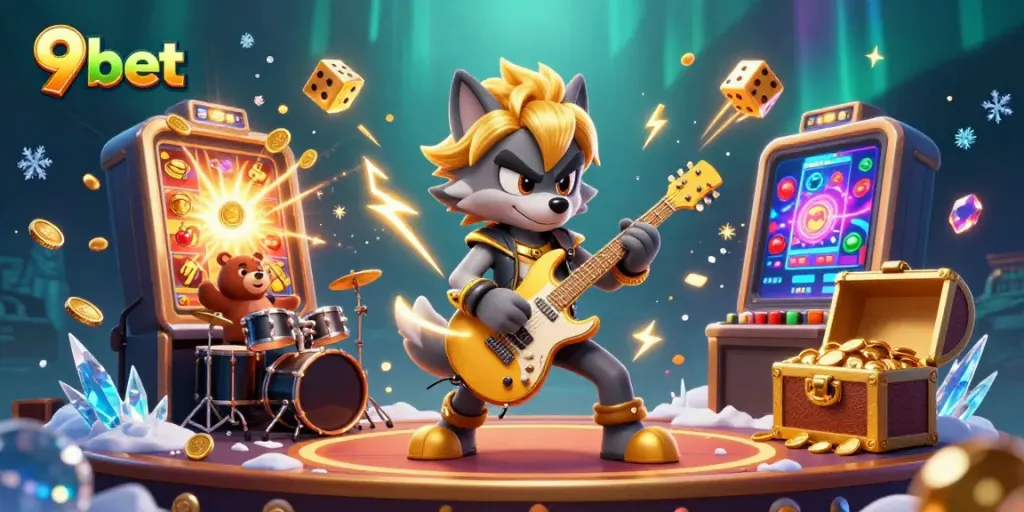 Experience thrilling entertainment at 9bet with vibrant visuals of a live casino scene featuring a rock star wolf and a drummer bear.