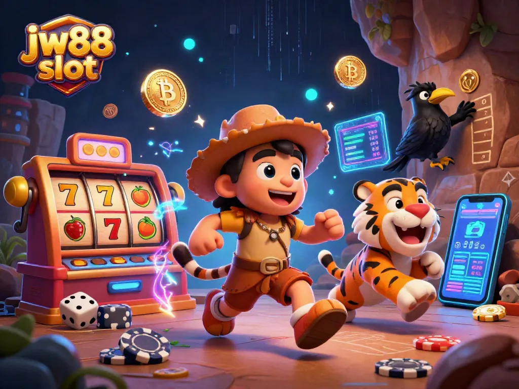 Experience the thrill of the jw88 slot casino with vibrant neon elements, lively characters, and dynamic slot reels.