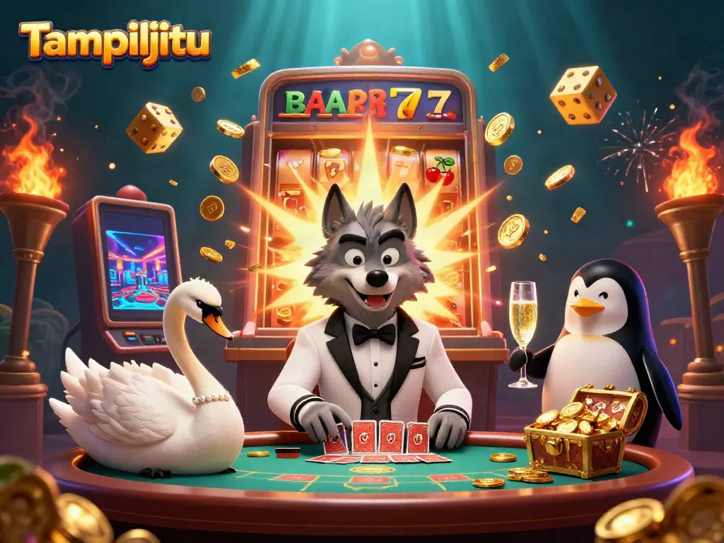 Tampiljitu showcases a vibrant casino scene with characters at a baccarat table amidst a slot machine jackpot explosion.