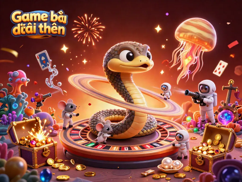 Engage in the thrilling Game bắn cá đổi thưởng with exciting cosmic elements surrounding cartoon characters.