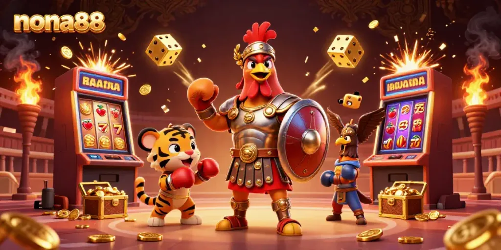 Nona88 menghadirkan gladiator ayam 3D dan teman-temannya dalam koloseum yang megah, dikelilingi simbol permainan kasino.