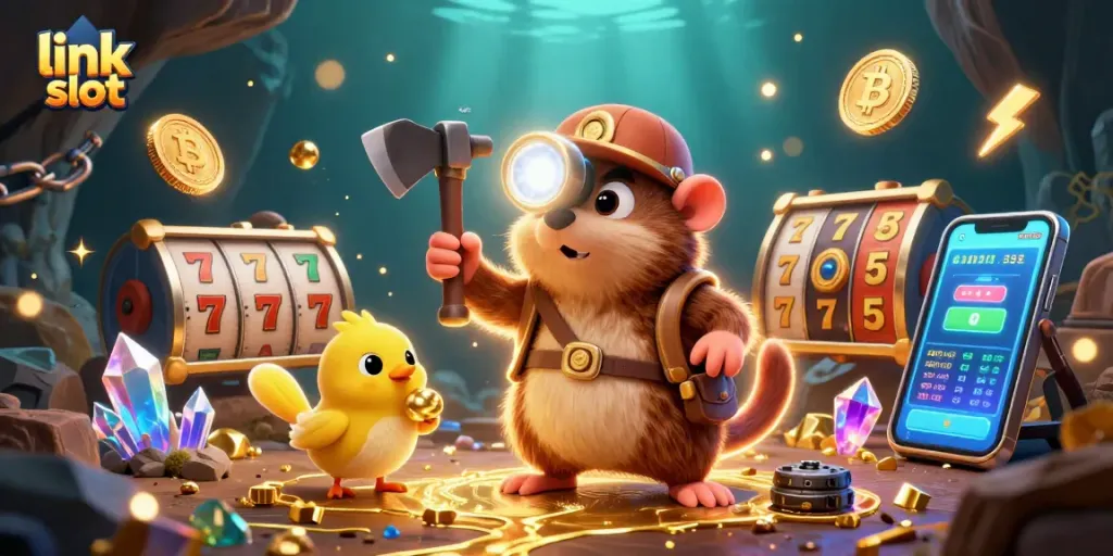 Experience thrilling gameplay with link slot, featuring vibrant slot symbols and digital coins.