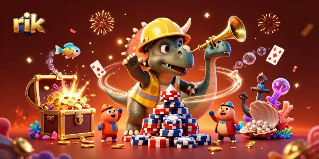 A playful scene with rik elements, featuring a triceratops stacking poker chips, celebrating casino wins amid colorful underwater treasures.