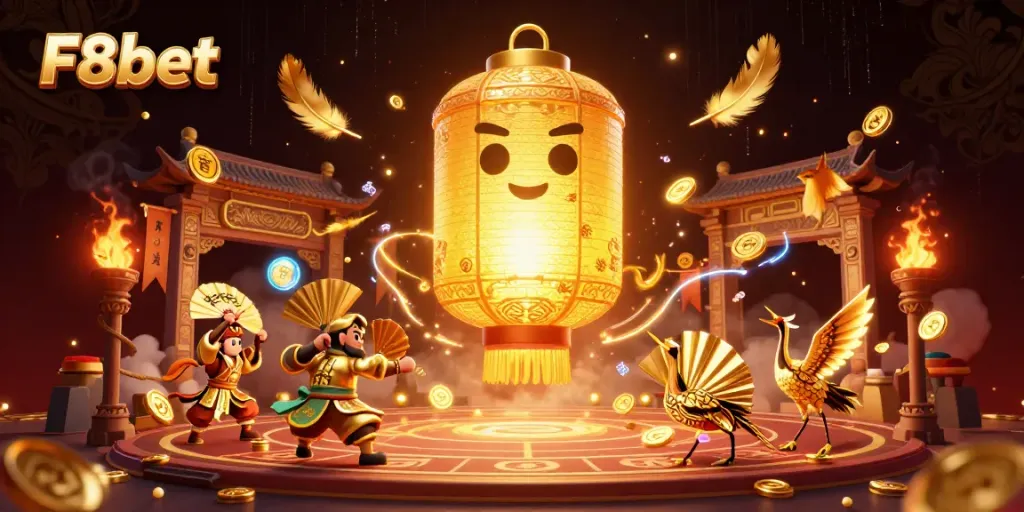 Experience pure excitement at F8bet with vibrant casino scenes showcasing golden lanterns and dynamic warriors.