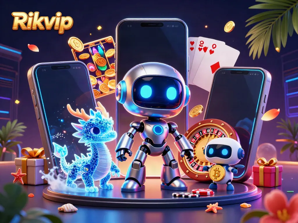Experience the exciting casino world of Rikvip with a vibrant 3D illustration showcasing a robotic mascot and gaming elements.